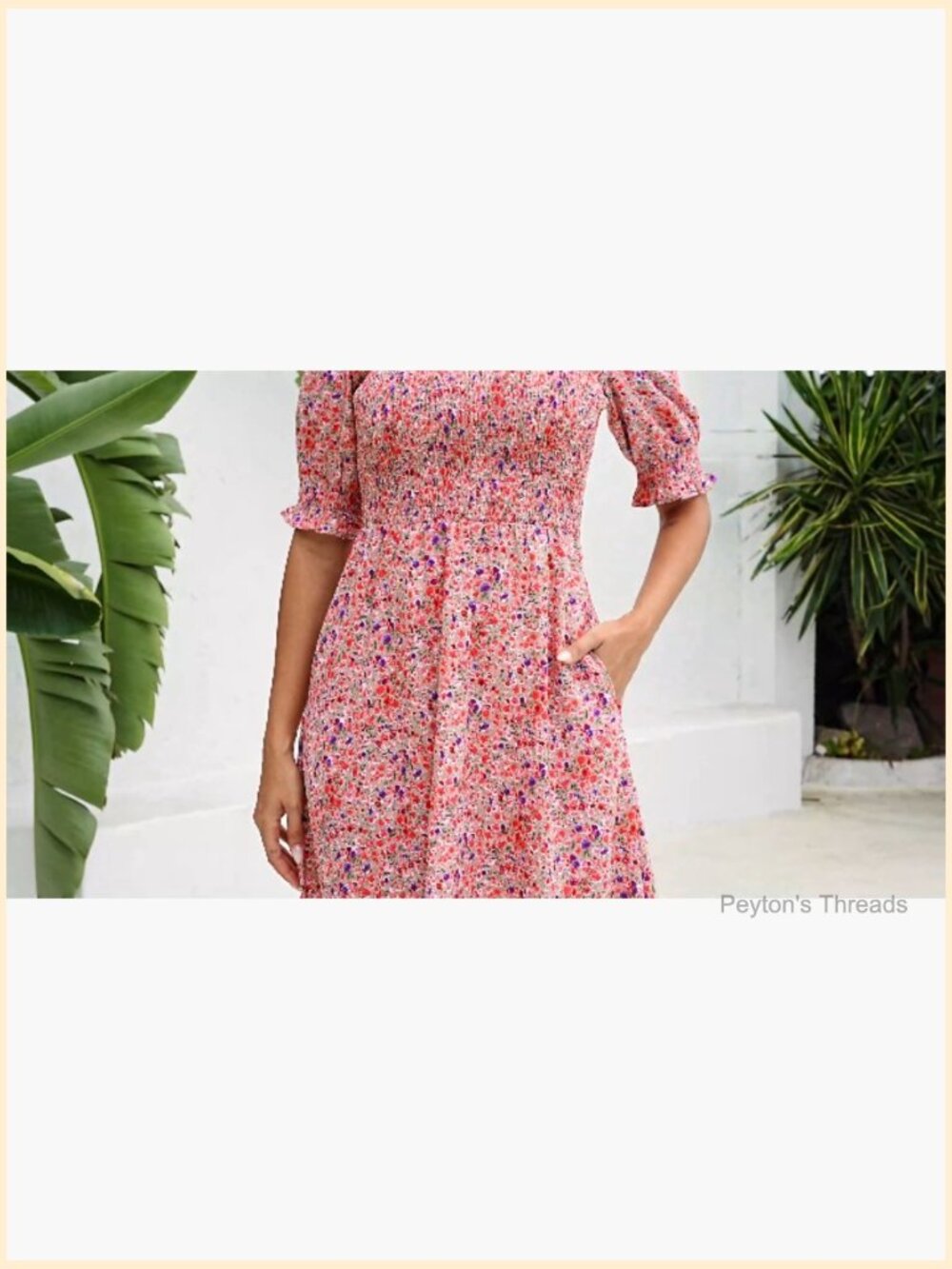 Casual Floral Midi Dress with Pockets Smocked Puff Sleeve - Picture 7 of 7